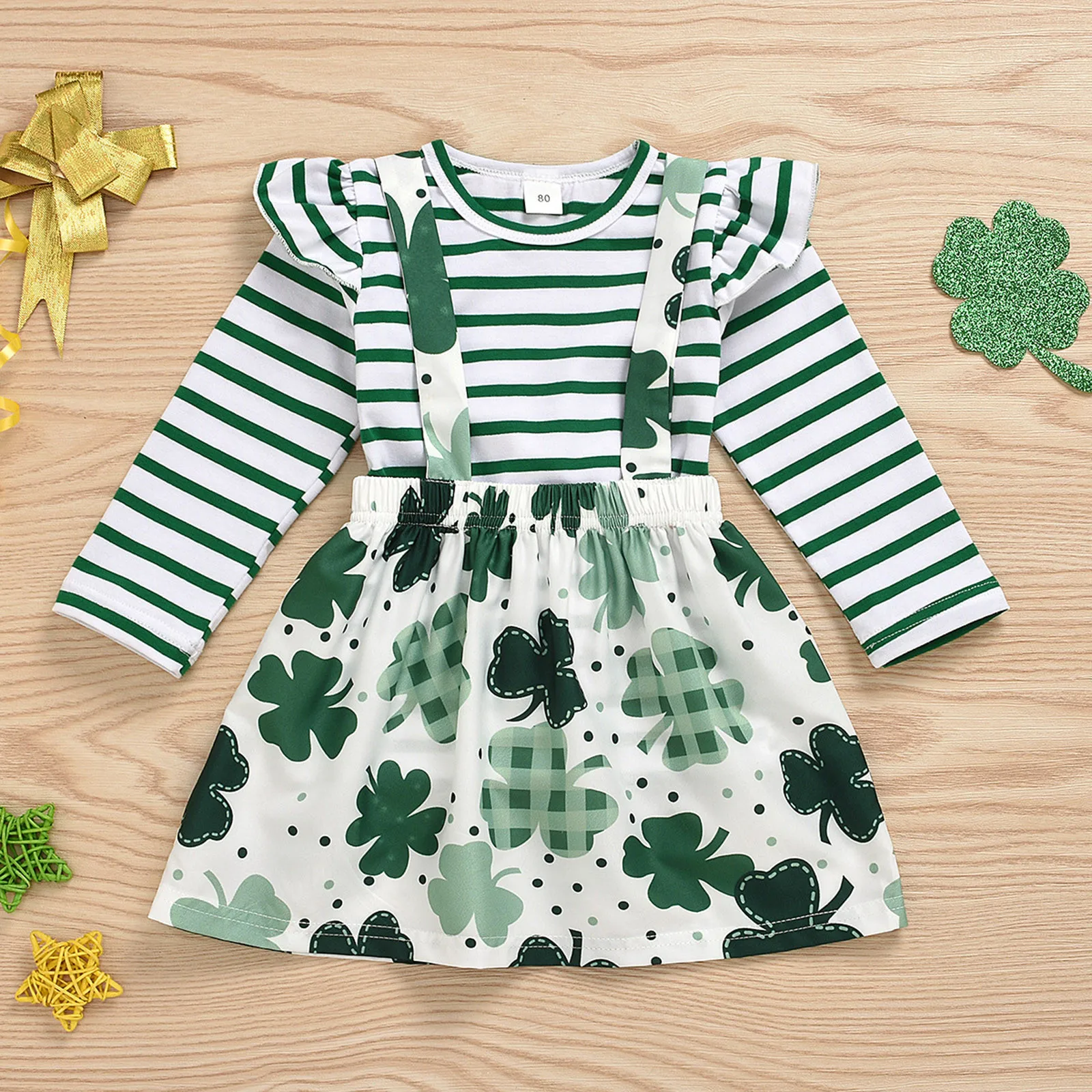 St Patricks Day  소녀 의상  아동복 세트 긴 소매 줄무늬 탑 클로버 인쇄 스커트 봄 어린이 의상