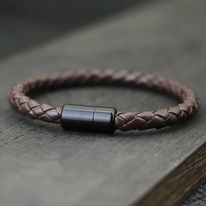 Leather Men Hiphop Braided Magnetic Clasp Black Bracelet