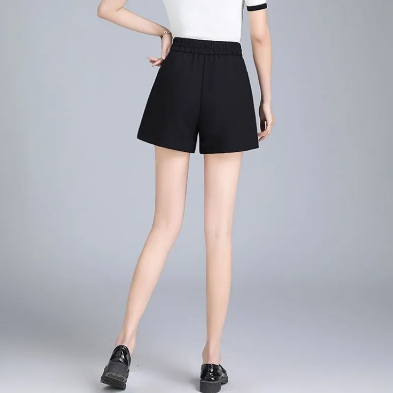 Summer New Women's Solid Color Elastic High-waisted Sequined Pockets Wide Leg Pants Commute Fashion Loose Straight Casual Shorts