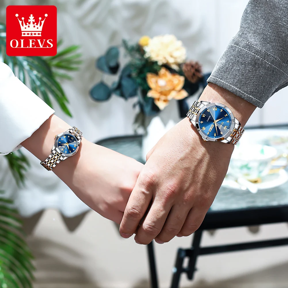 Quartz Couple Wristwatch Solid Stainless Steel Strap Rhombus Design Fashion Business Waterproof Set OLEVS 9931