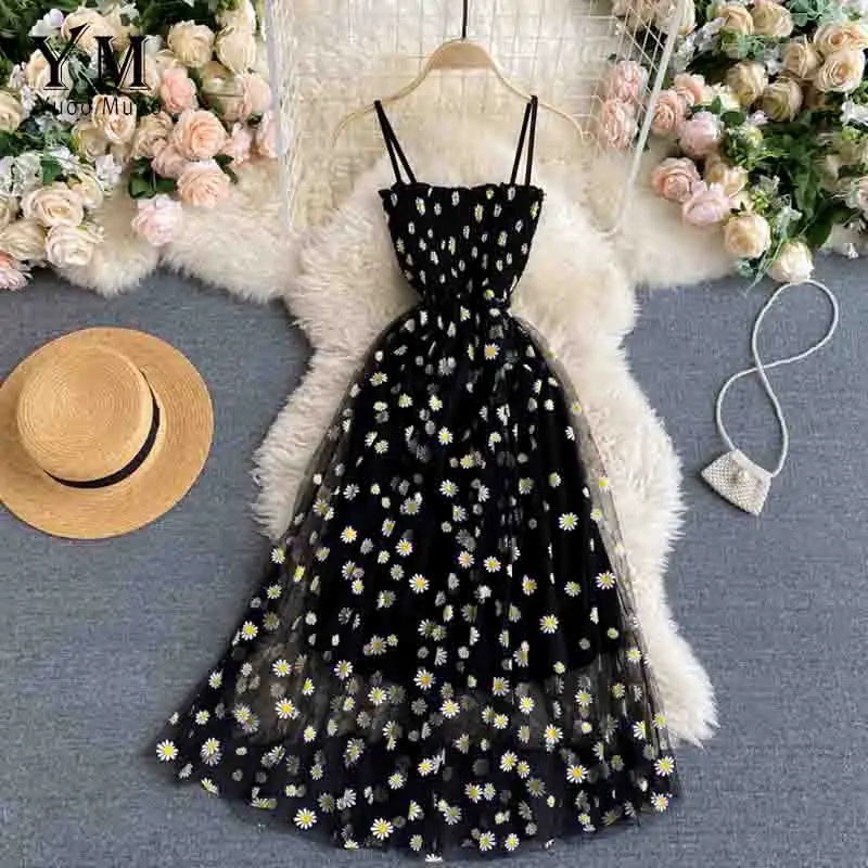 

Summer Korean Fashion Daisy Flower Print Mesh Party Dress Two Layers Spaghetti Strap Vacation Midi Dress Beach Vestidos New