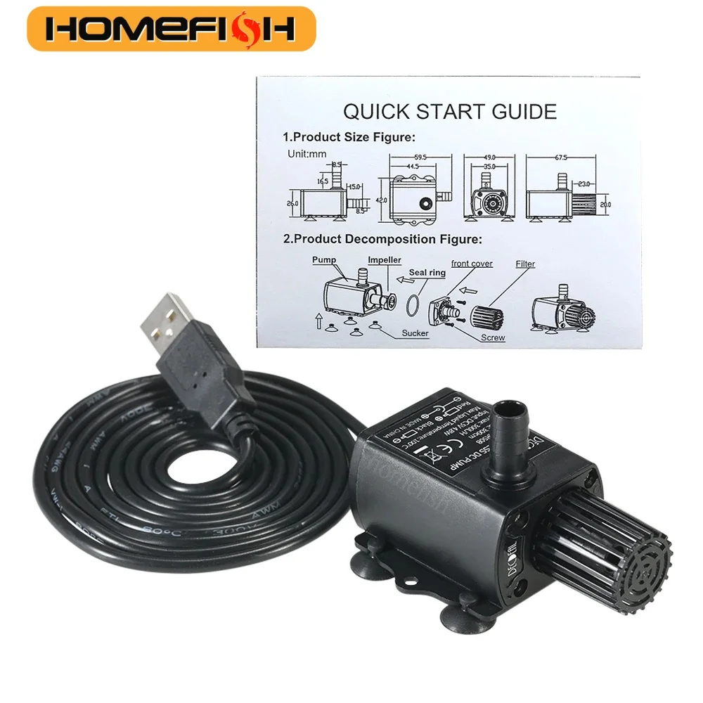 Water Pump USB DC5V 4.8W Ultra-quiet Mini Brushless Water Pump Waterproof Submersible Fountain Aquarium Circulating 300L/H Lift 300cm