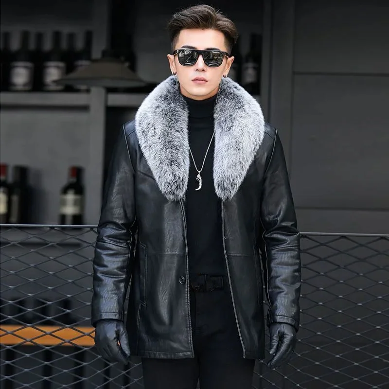 

S-5XL Bomber Sheepskin Leather Biker Jacket Men Detachable Fox Fur Collar Lamb Fleece Lined s Coat Winter C331