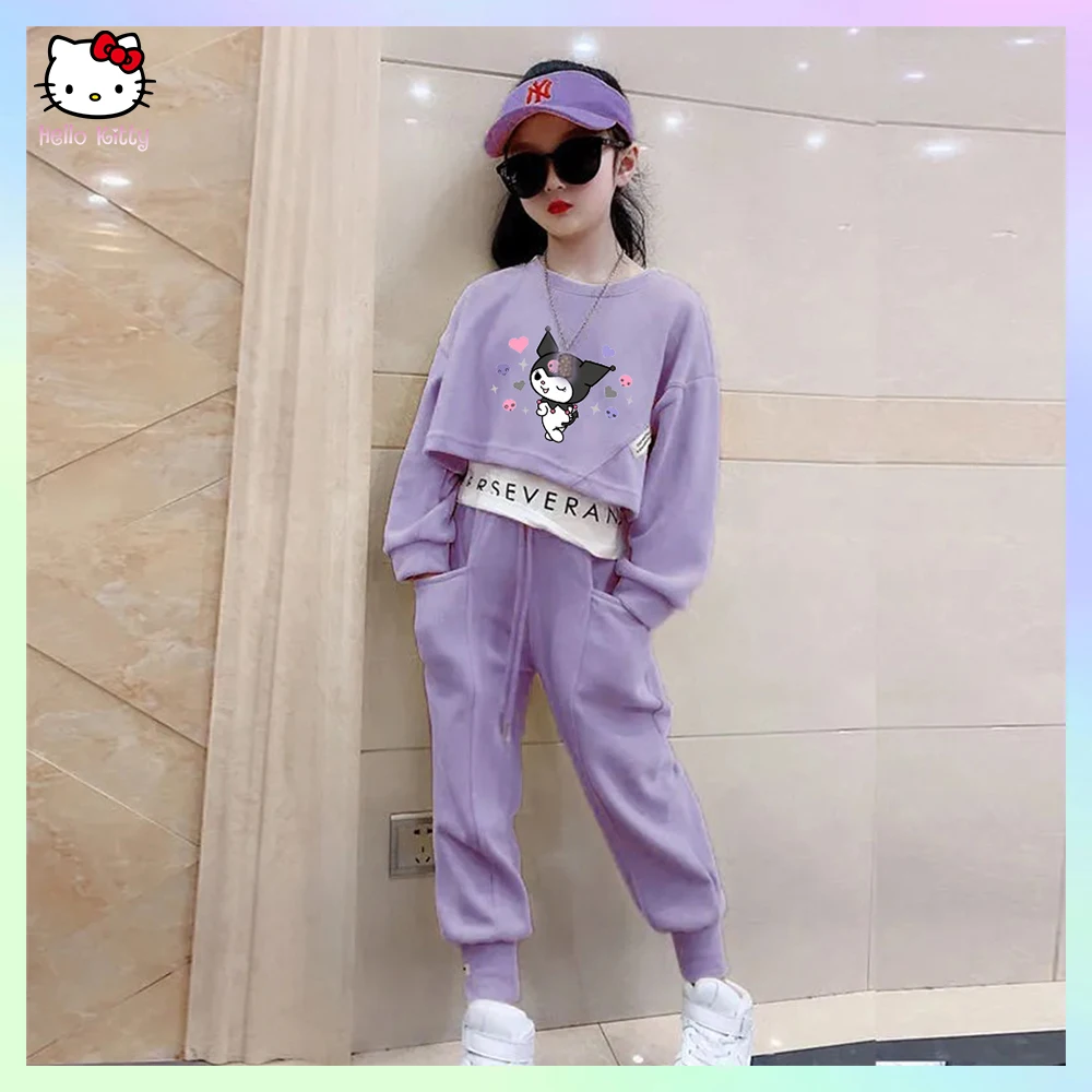 

Свитшот с длинным рукавом Sanrioed Anime Cinnamoroll Kuromi, детская одежда на весну и осень, пуловер, брюки, 2 шт.