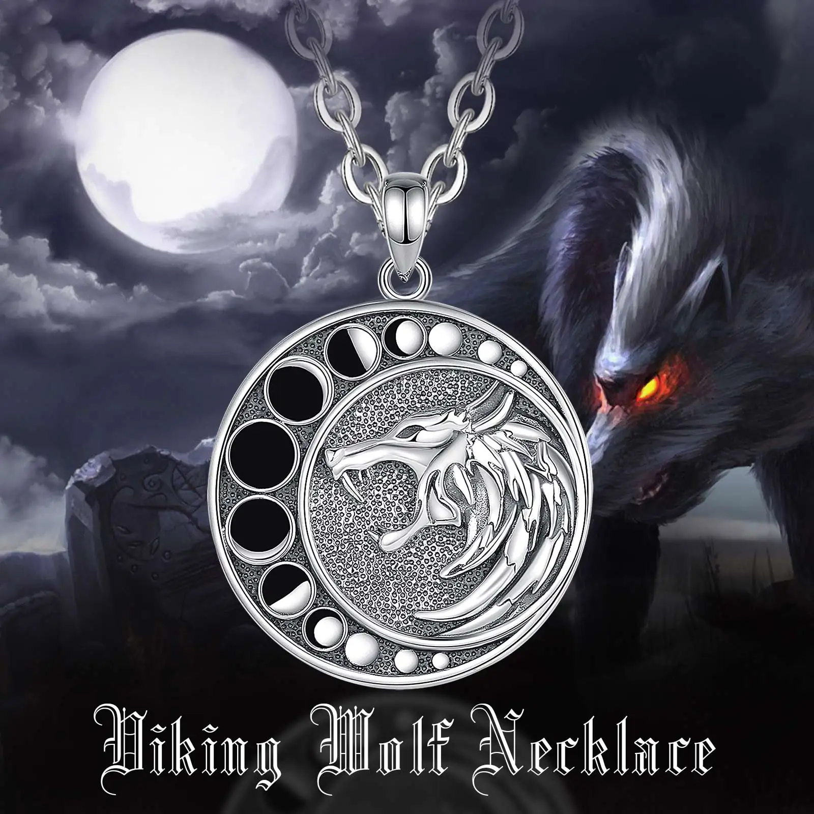 Eudora 925 Sterling Silver Moon Wolf Necklace for Men Women Vintage Moon Phase Amulet Pendant Personality Jewelry Party Gift