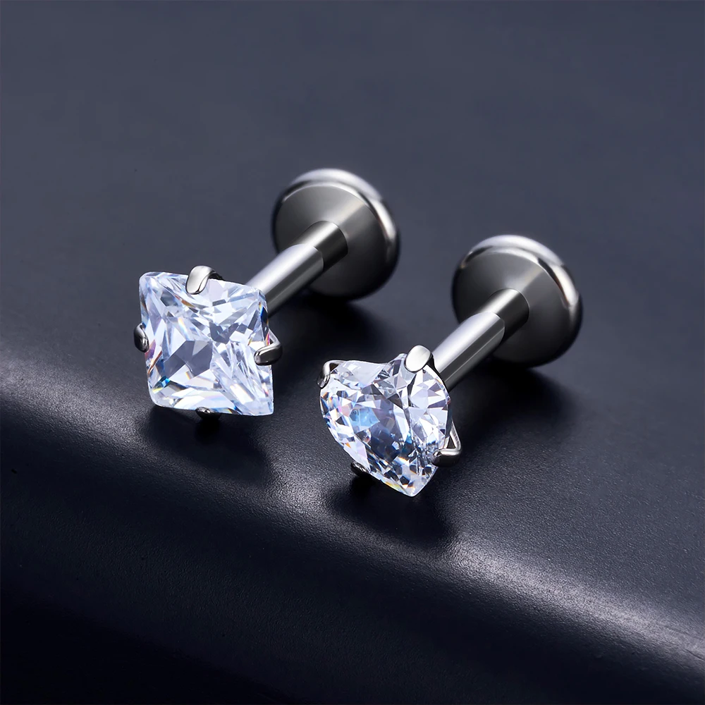 G23 Titanium Piercing Heart CZ Labret Ear Stud Earrings 10Pcs/lot For Women Square Shape Lip Stud Body Jewelry Helix Tragus ear piercing earring