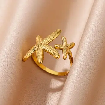 Gold Starfish Open Ring for Women Stainless Steel Adjustable Geometric Wedding Jewelry