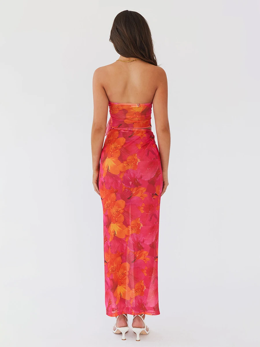 

Женский летний комплект с юбкой Макси Y2k, Асимметричный топ на завязках с цветочным принтом и длинная юбка с разрезом, костюм, одежда для выхода на выход