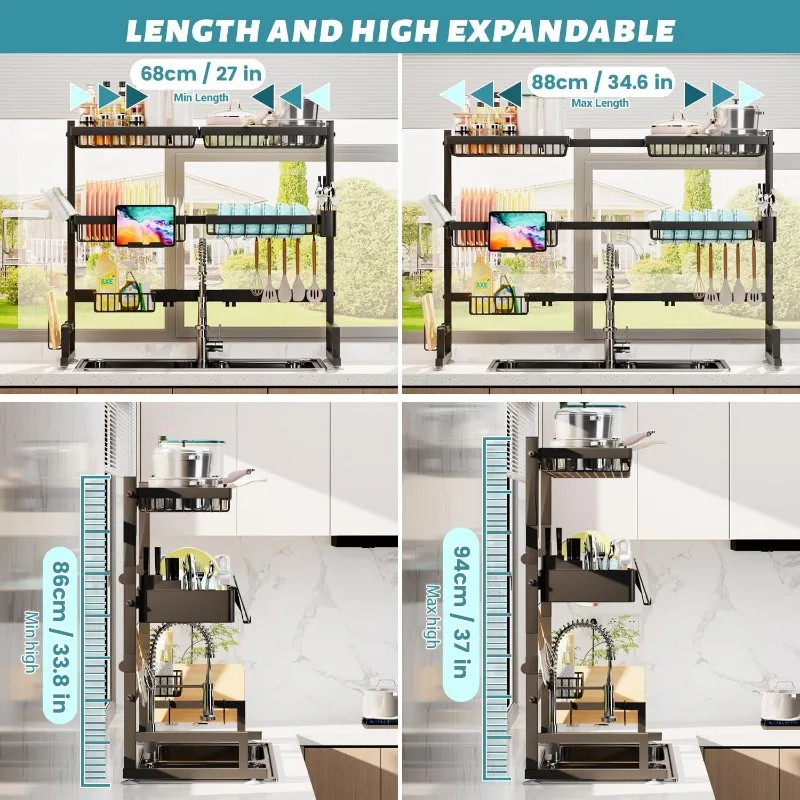 Over The Sink Dish Drying Rack (Expandable Height and Length) Snap-On Design 2 Tier Large Dish Rack (27-36L x 12W x 32.5-37H 2