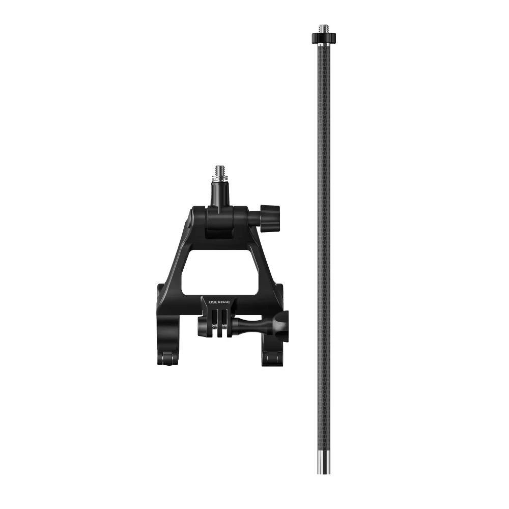 Caméra Insta360 installée sur le support guidon vélo, en position de tournage.
