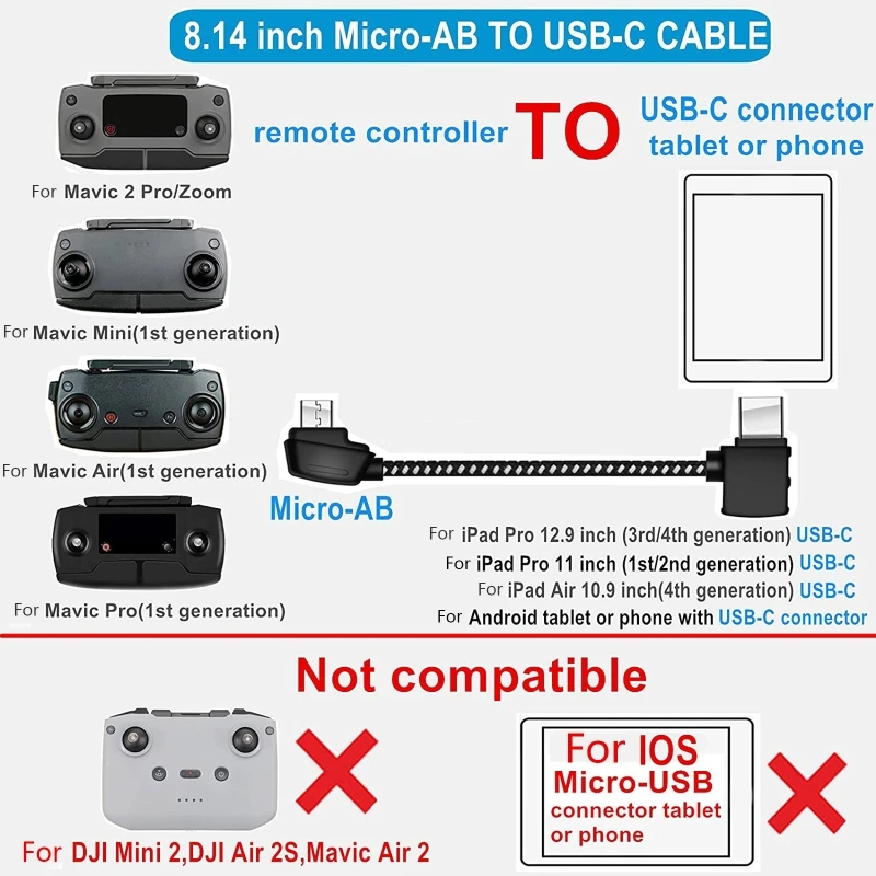 E9LB Micro USB to Type C Data Cable Extension Cables for Mavic 2 AIR Aerial
