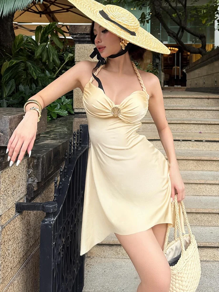 Nibber Shell Metal Decoration Dress Women Halter Low-Neck Irregular Hem Backless Sleeveless Folds Smooth Summer Mini Bodycon