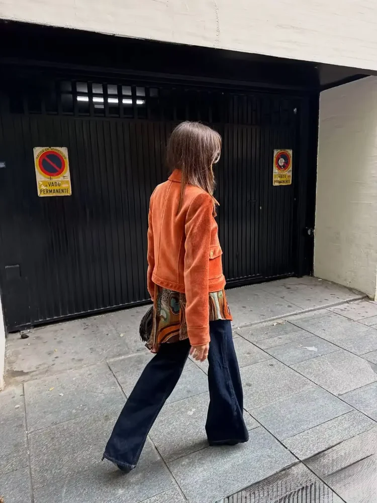 Vestes courtes en velours à revers Orange pour femmes, mode simple boutonnage, manches longues, poches, veste ample, vêtements d'extérieur de rue pour les déplacements, 2026