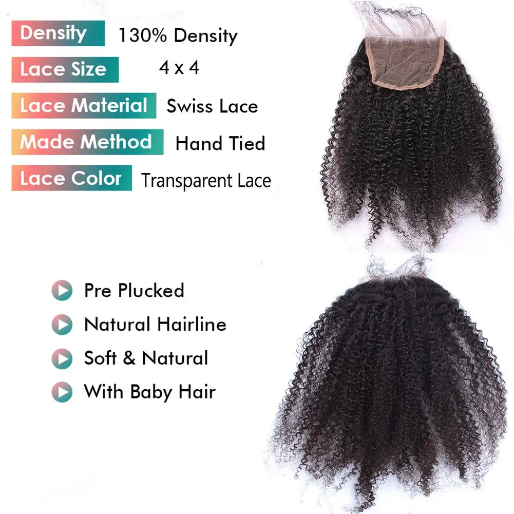 Human Hair Lace Closure Afro Kinky Curly Top Lace Closure 4X4 Top Closures Pre-plucked with Baby Hair Free Part