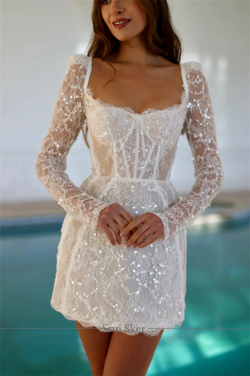 chinese dress ladies White Bridal Long Sleeve Mini Dress with Deep V-Neck White / M main image 0