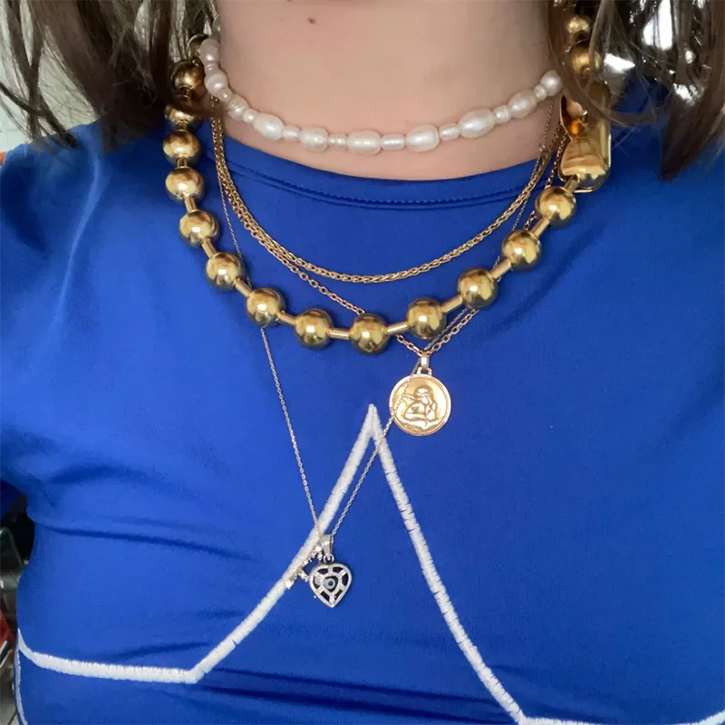 US$ 2.37 ~ US$ 3.16 - Nuevo Collar De Acero Inoxidable De Oro De 18 Quilates Con Cadena De Bolas De Aceite Que Gotea De Color Rojo Blanco Y Negro P2152392