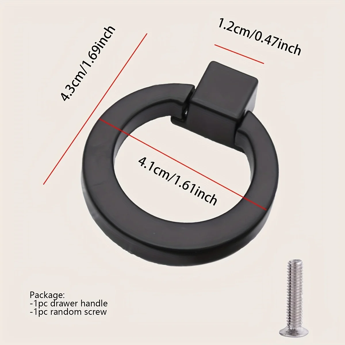 1 Household circular ring drawer handle, black metal for cabinets and wardrobes