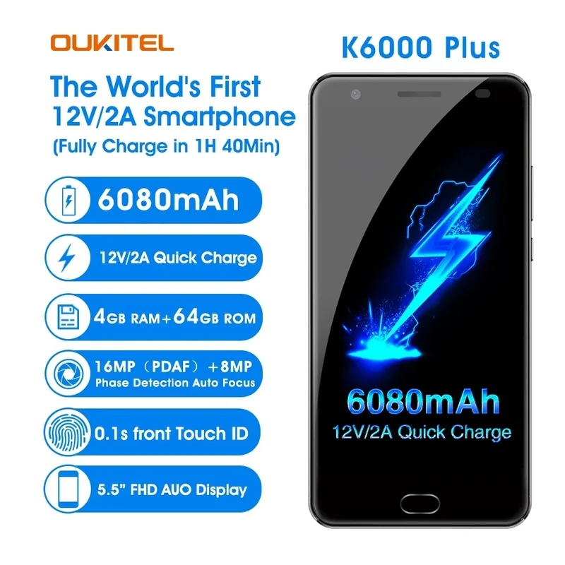 6080mAh OUKITEL OK6000 Plus 4G Smartphone 5.5&quot Android 7.0 MTK6750T Octa Core 4GB+64GB 16MP 12V/2A USA Version Frequency Band |