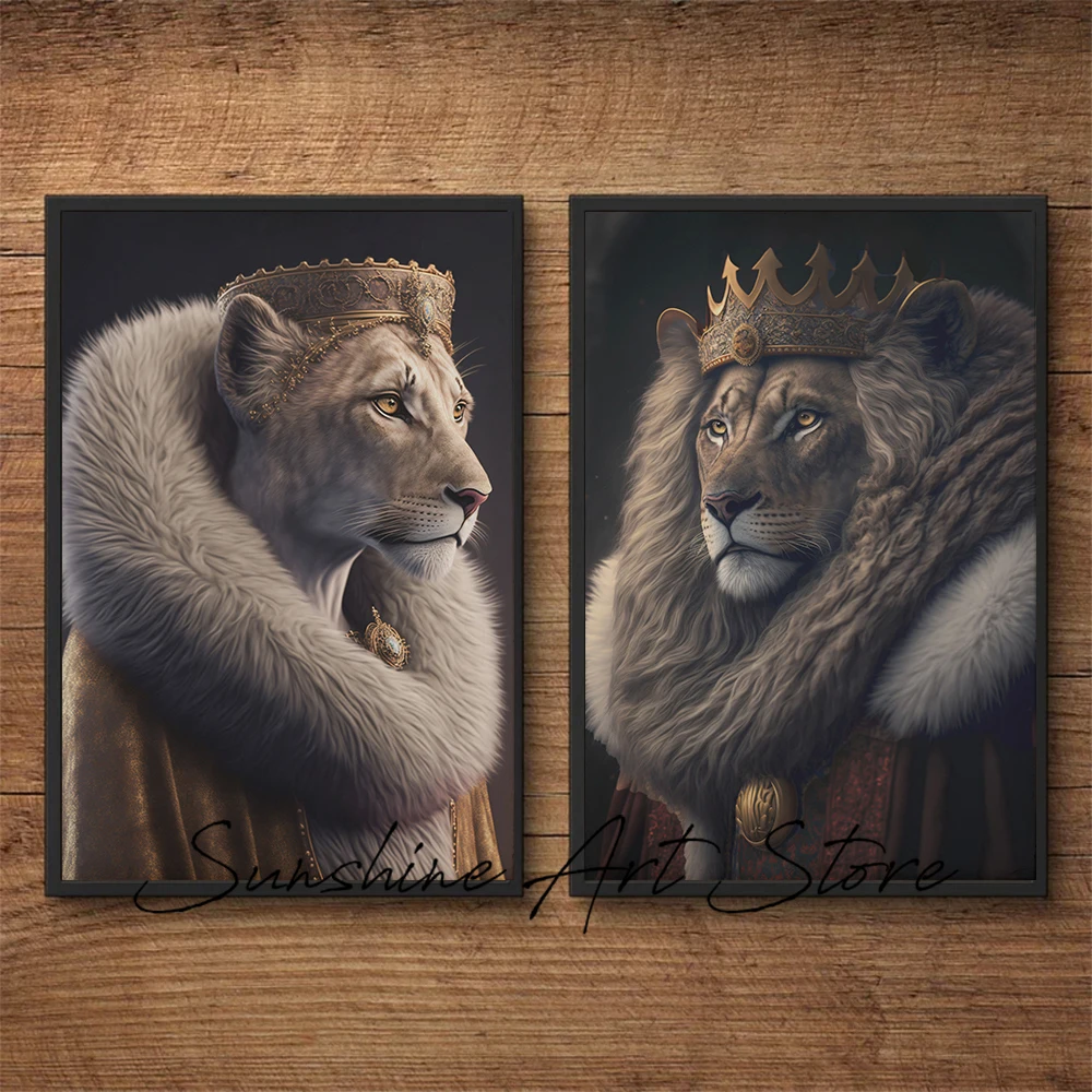 

Набор из 2 Львов King & Queen, настенное искусство, настенный плакат для пары, холст, современные портреты Львов, домашний декор для гостиной