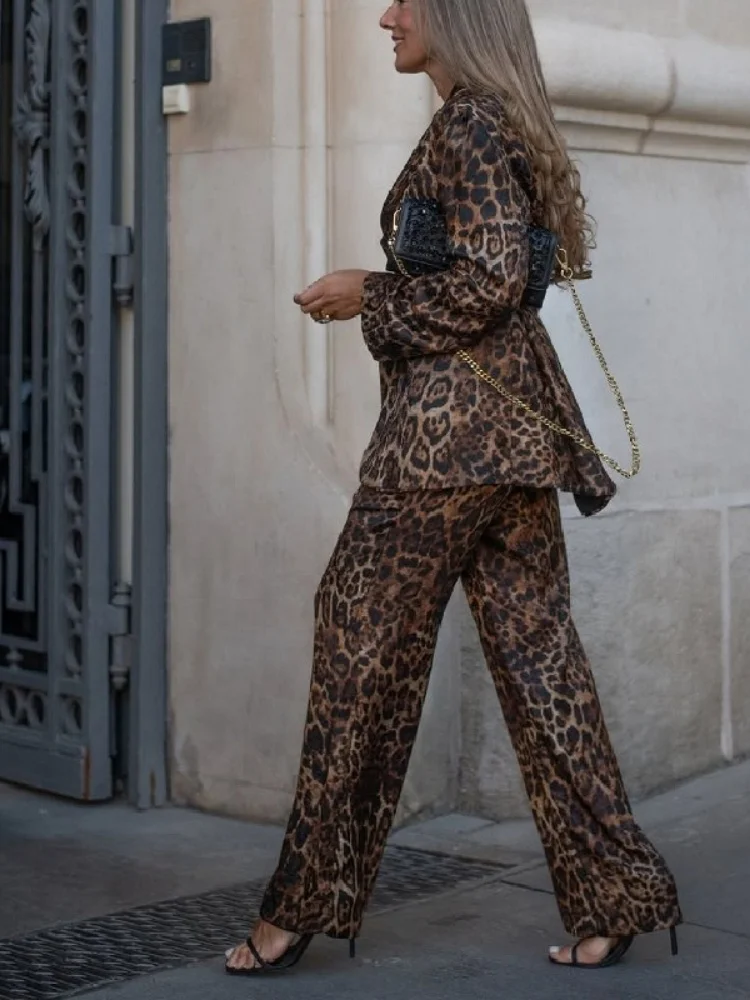 Wmstar Two Piece Sets Wholesale New Leopard Print Lapel Blazer High Waist Wide Leg Trousers and A Fashionable Matching Suit