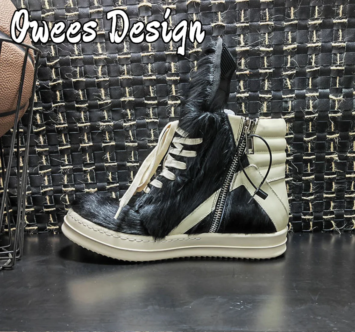 Owees Design Zipper Ankle Boots Men's Horsehair High-tops Sneakers Women Thick Soled Quality Leather Lace-up Fashion Shoes 4