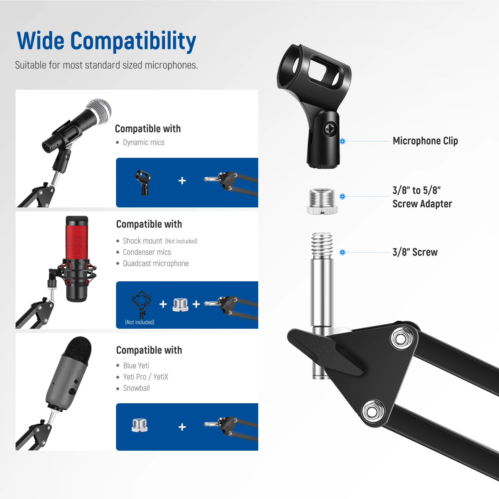 Desktop Microphone Hanging Adjustable Boom Scissor Arm, with 3/8” to 5/8” Screw