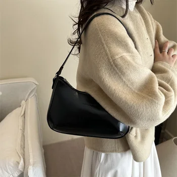 Borsa hobo minimalista in tinta unita con finitura lucida, lettera in rilievo, borsa sottobraccio leggera con cerniera in PU per pendolarismo quotidiano e shopping