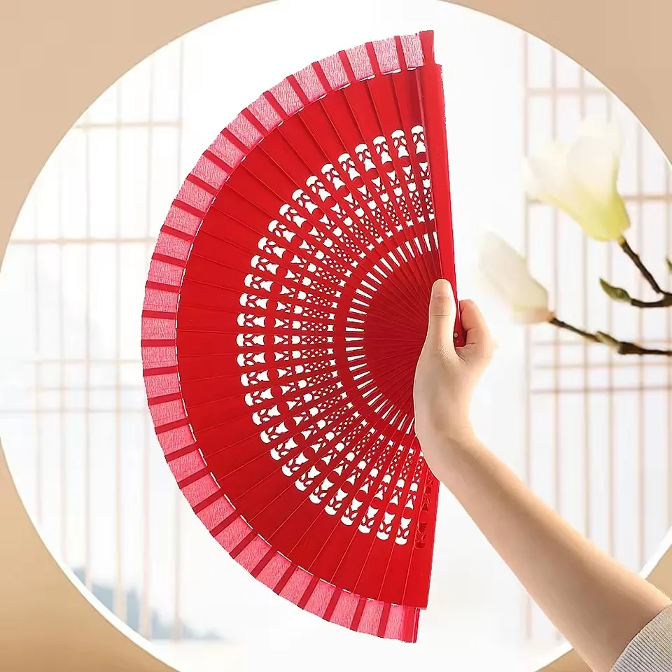 Spanish Wooden Hand held Folding Fan Cheongsam Catwalk Dance Performance Accessories Wedding Celebration Red Fan Decor folding fan hand fan wooden hand fan
