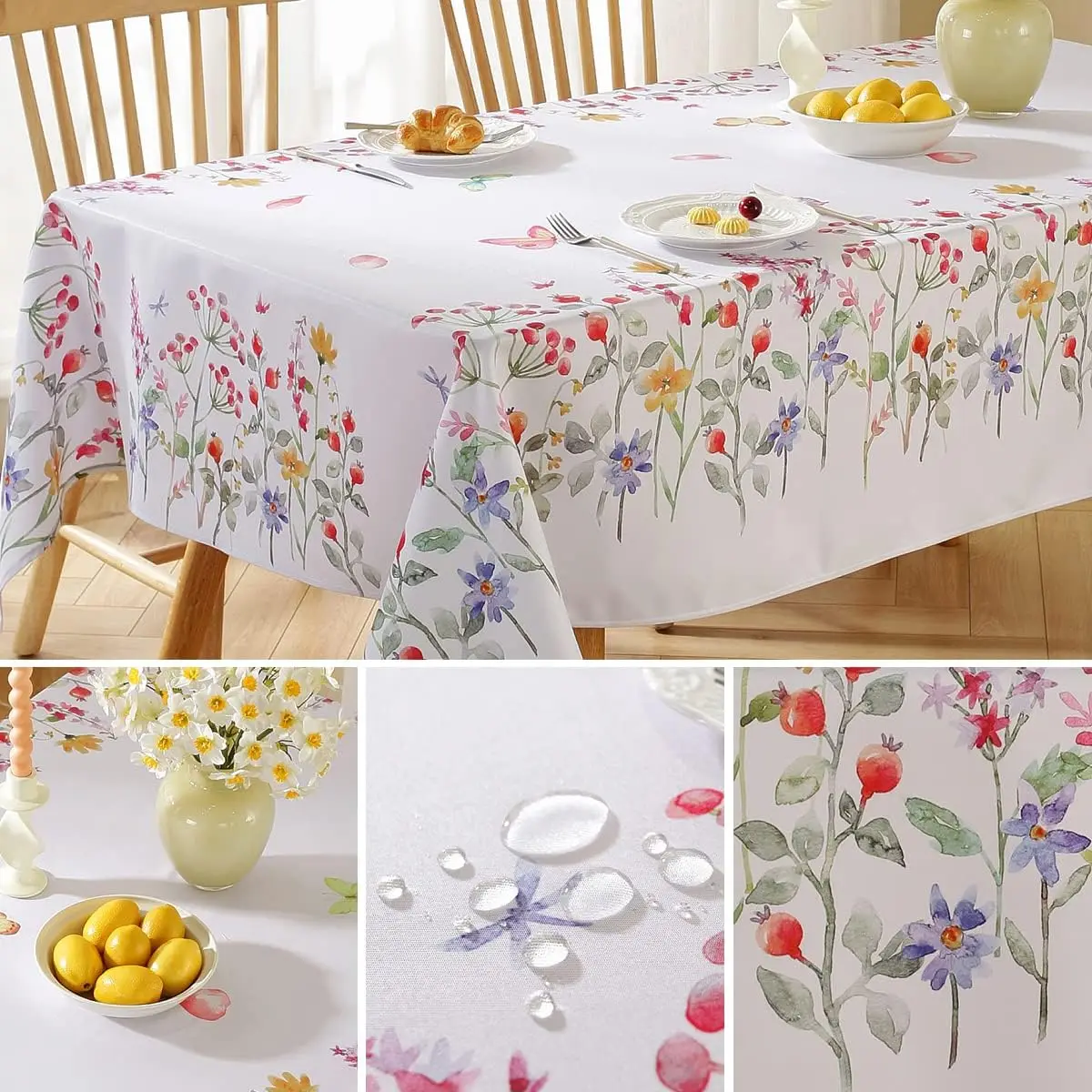 Spring Cherry Watercolor Flower Waterproof Tablecloth Wedding Party Decor Summer Plants Rectangle Table Cloth Dining Table Decor 3