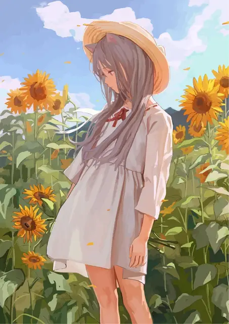 Anime girl with a straw hat in a sunflower field Poster for Sale