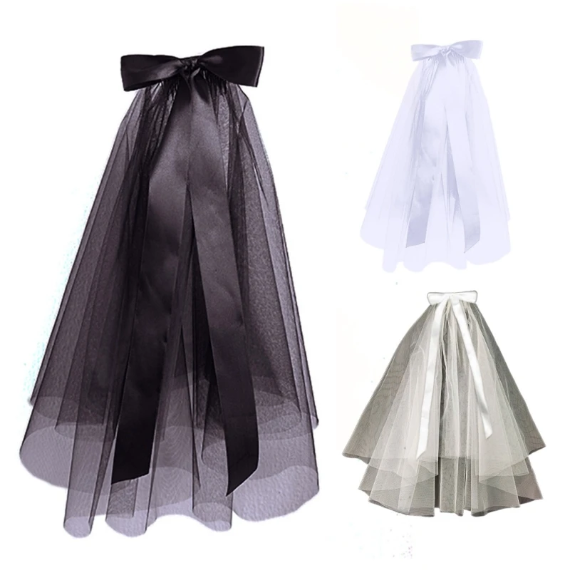 

Wedding Tulle White Black Bridal Veils Ribbon Bowknot Elegant Women Veil