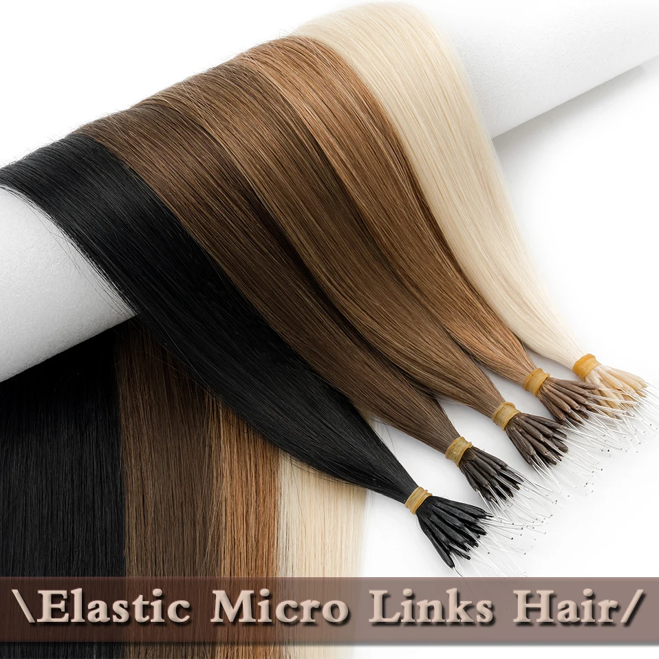 S-noilite Remy Hair 1g Elastic Rope Micro Loop Human Hair Extensions Microlink Micro Ring 50 Strands/Pack Straight Natural