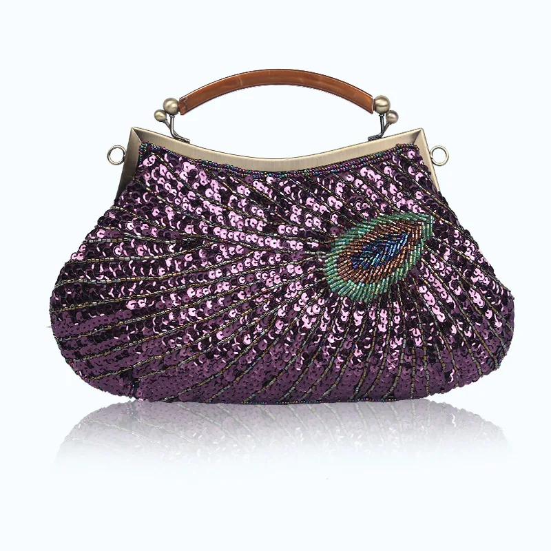 Retro Peacock Blue Evening Bags For Women Fine Sequin Embroidered Clutches Purse Wedding Dinner Party Clutch Handbag With Handle