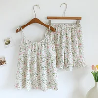 2026 Japanese Summer New Women's Pajama Set 100% Cotton Crepe Cloth Ladies Suspender+Shorts Two Piece Home Furnishing Set - Image 3