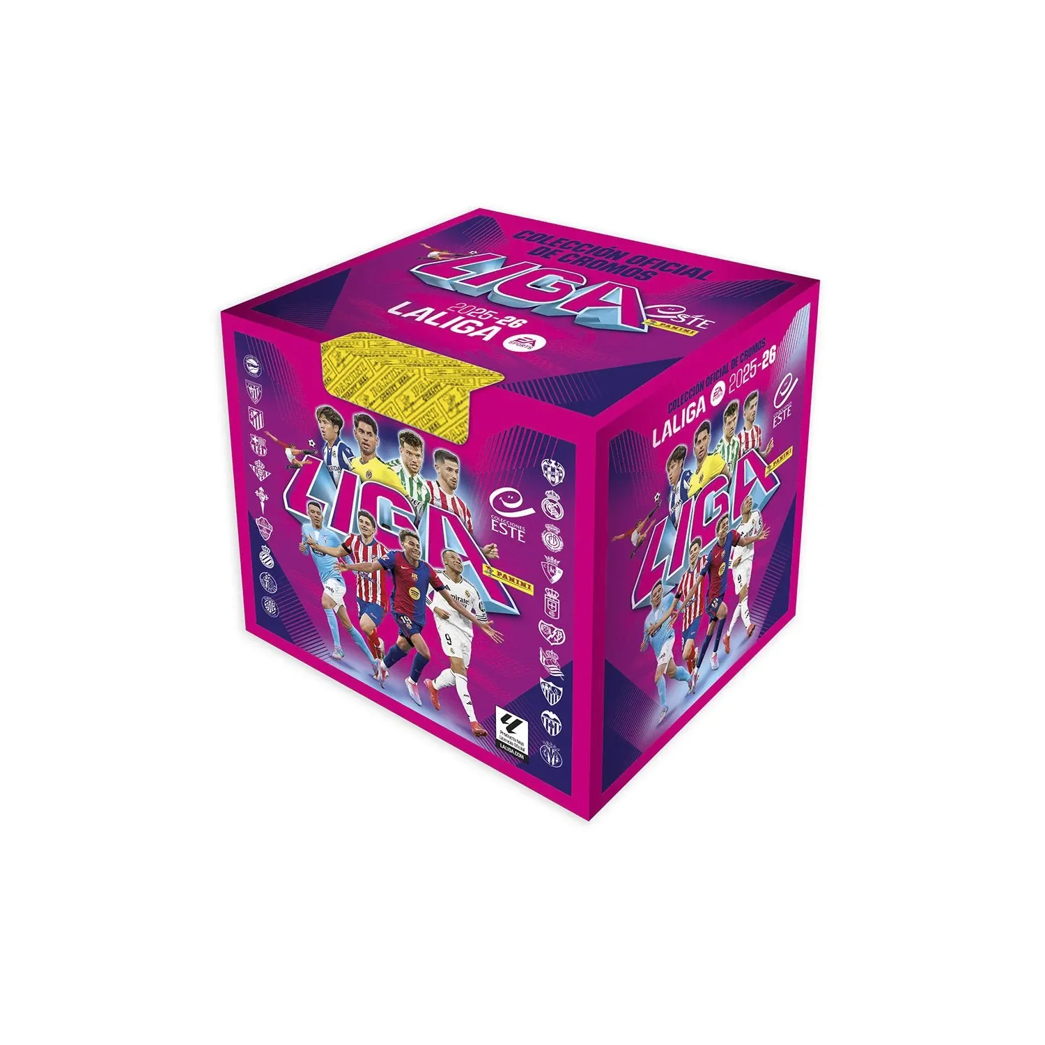 Panini Adrenalyn La Liga EA Sports 2025-26 caja de 50 sobres with 400 Stickers, featuring all players and special cards including EXTRA GOLD and SUPREME GOLD, perfect for soccer card collection and trading.