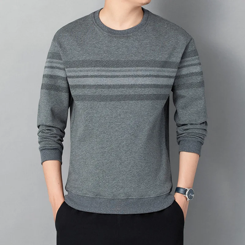 2023 Men's Casual Hoodie Long Sleeved T-Shirt Round Neck Oversized Business Winter Bottom Striped Fashion Solid Color Pullover