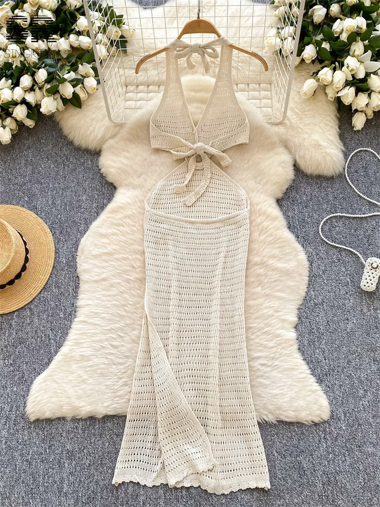 SINGREINY Summer Backless Beach Dress Women Deep V Neck Sleeveless Solid Lace Up Design Hollow Out Sexy Halter Vacation Dresses 5