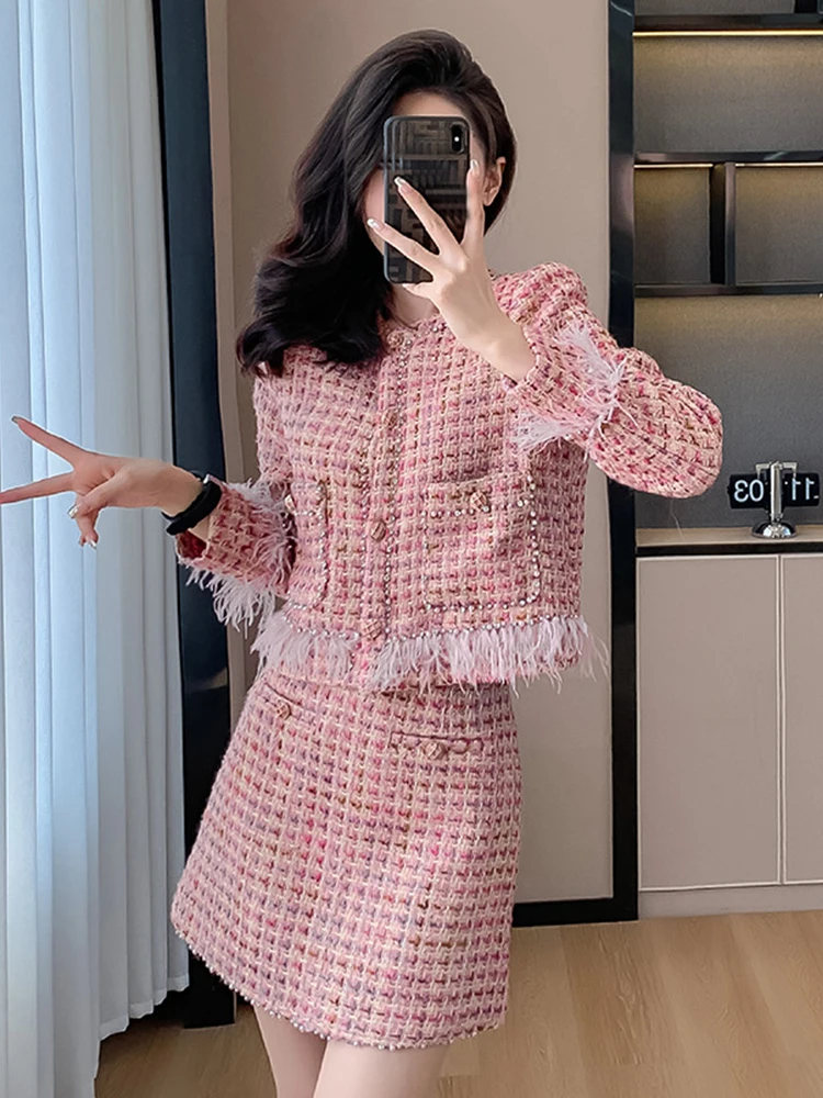 

Korean Fashion Pink Tweed 2 Pieces Women Ladies Sweet Vintage Jacket Coat Outwear And Mini Skirt Short Set Outfit Street Clothes