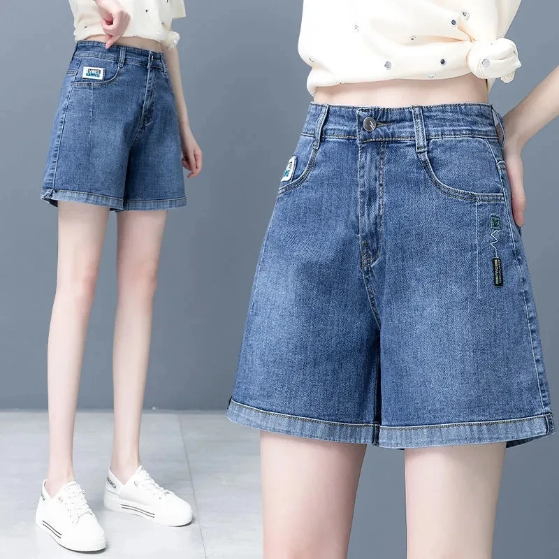 Plus Size Embroidery Denim Women's Shorts Turning Edge Thin Loose Wear Wide Legs High Waist Euryscelia Slim Women Quarter Pants