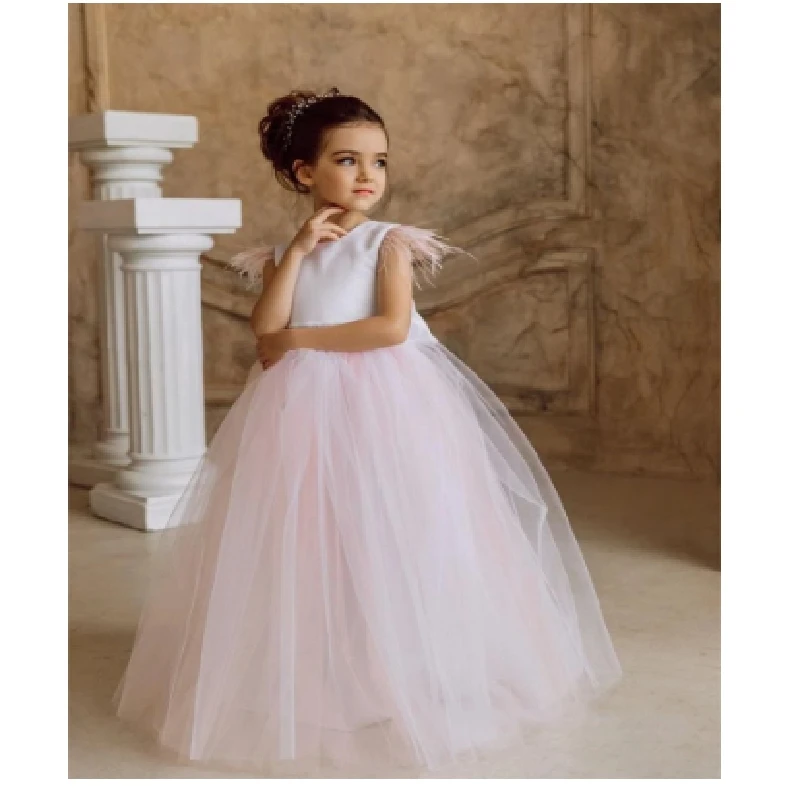 

Feather Tulle Elegance Flower Girl Dresses Floor Length A Line Sleeveless O Neck Bow Tutu Pageant Gown Dress First Communion