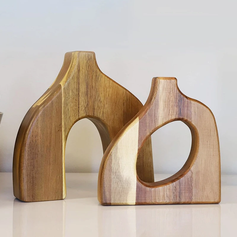 2pcs/set Nordic Wooden Vase Creative Geometric Shape Solid Wood Vase Home Table Decoration Hotel Homestay Vase Decoration 5