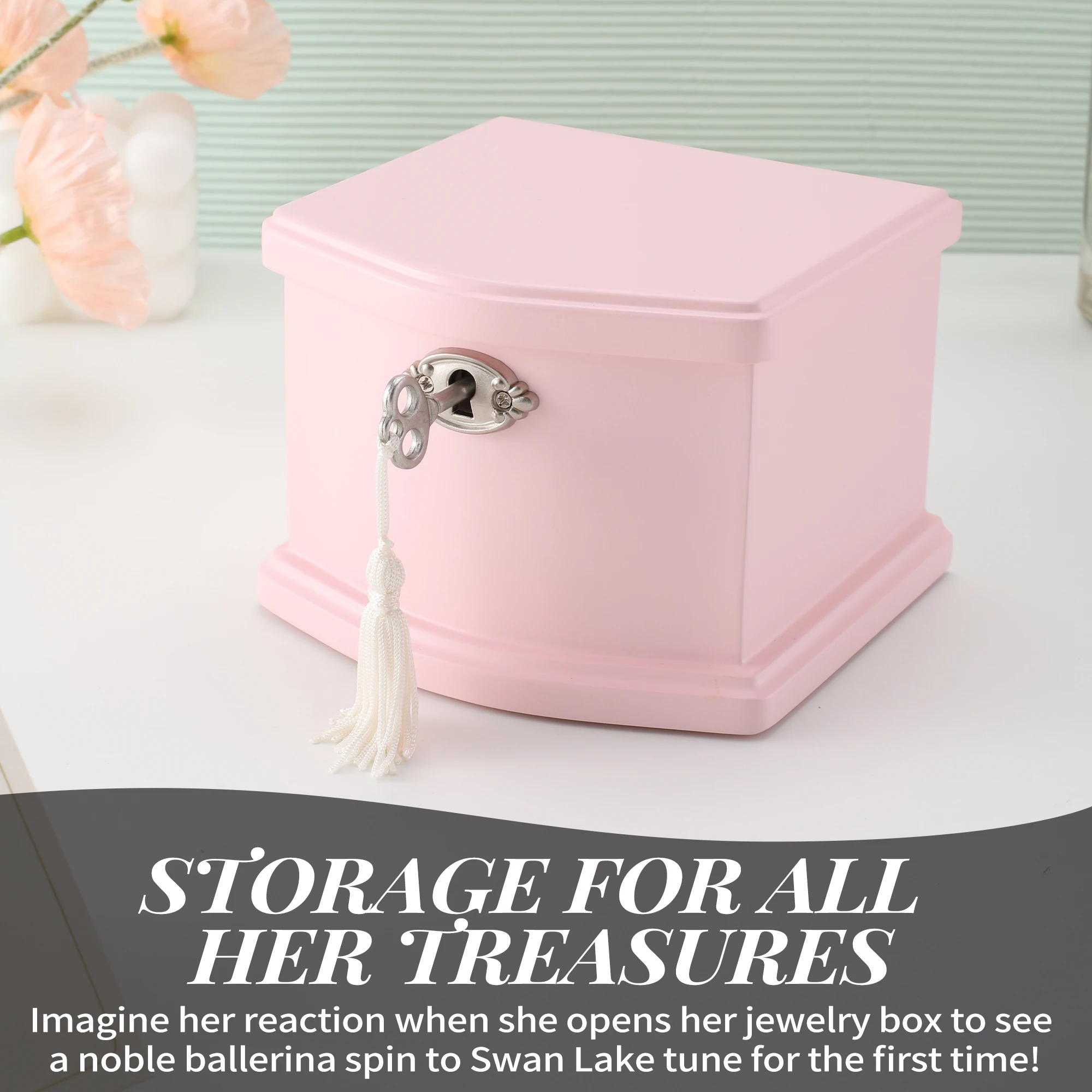 Small Pink Wooden Ballerina Musical Jewelry Box with Mirror and Lock for Girls，Kid's Jewelry Storage Music Box, Gift for Christ 4