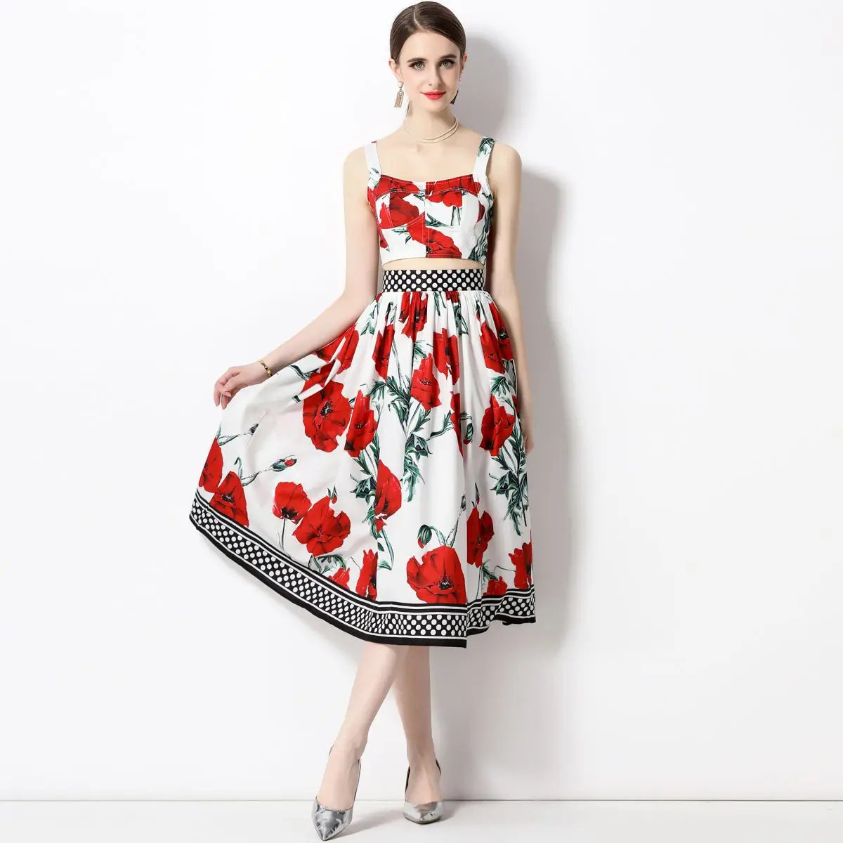 

Runway Fashion Women Sicily Set 2023 Summer Spaghetti Strap Crop Top + High Waist Skirt Rose Flower Print 2 Pieces Set N2010