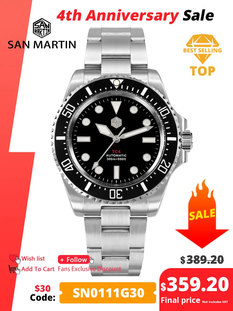 San Martin 40Mm Gr5 Titanium Luxury Men Diving Watch Dispositivo Elio Orologi Meccanici Automatici Zaffiro Bgw-9 Impermeabile 300M