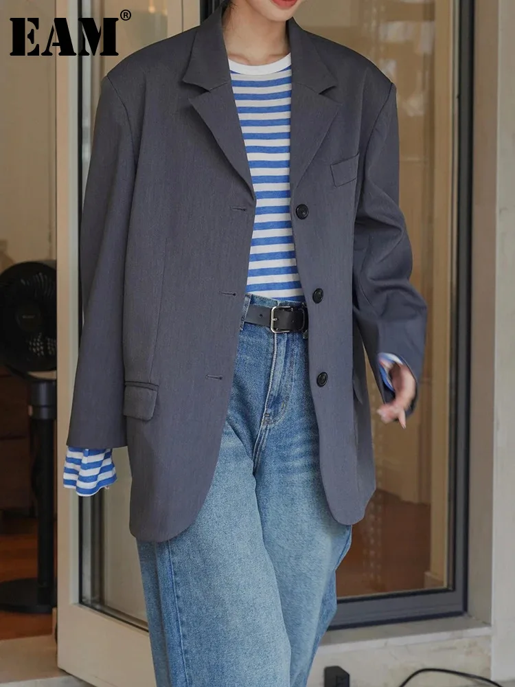 

[EAM] Women Gray Brief Big Size Elegant Blazer New Lapel Long Sleeve Loose Fit Jacket Fashion Tide Spring Autumn 2024 1DH1028