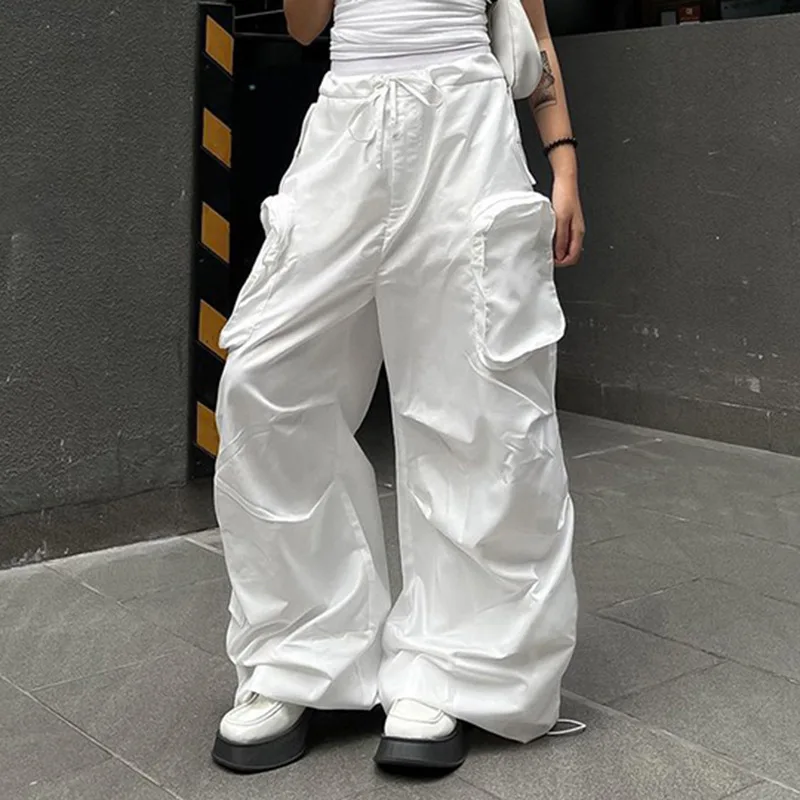 

White Women Loose Wide Leg Baggy Trousers Low Rise Drawstring Elastic Casual Solid Y2k Cargo Pants Big Pocket Korean Streetwear