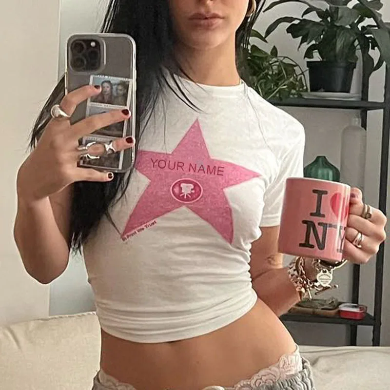 New printed T-shirt, fashionable casual short sleeved top, Y2K summer sexy electronic girl T-shirt, women's clothing