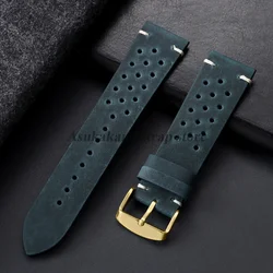 Vintage Cowhide Leather Watch Strap - Black Brown Universal Watchband - 22mm (Blue - Gold)