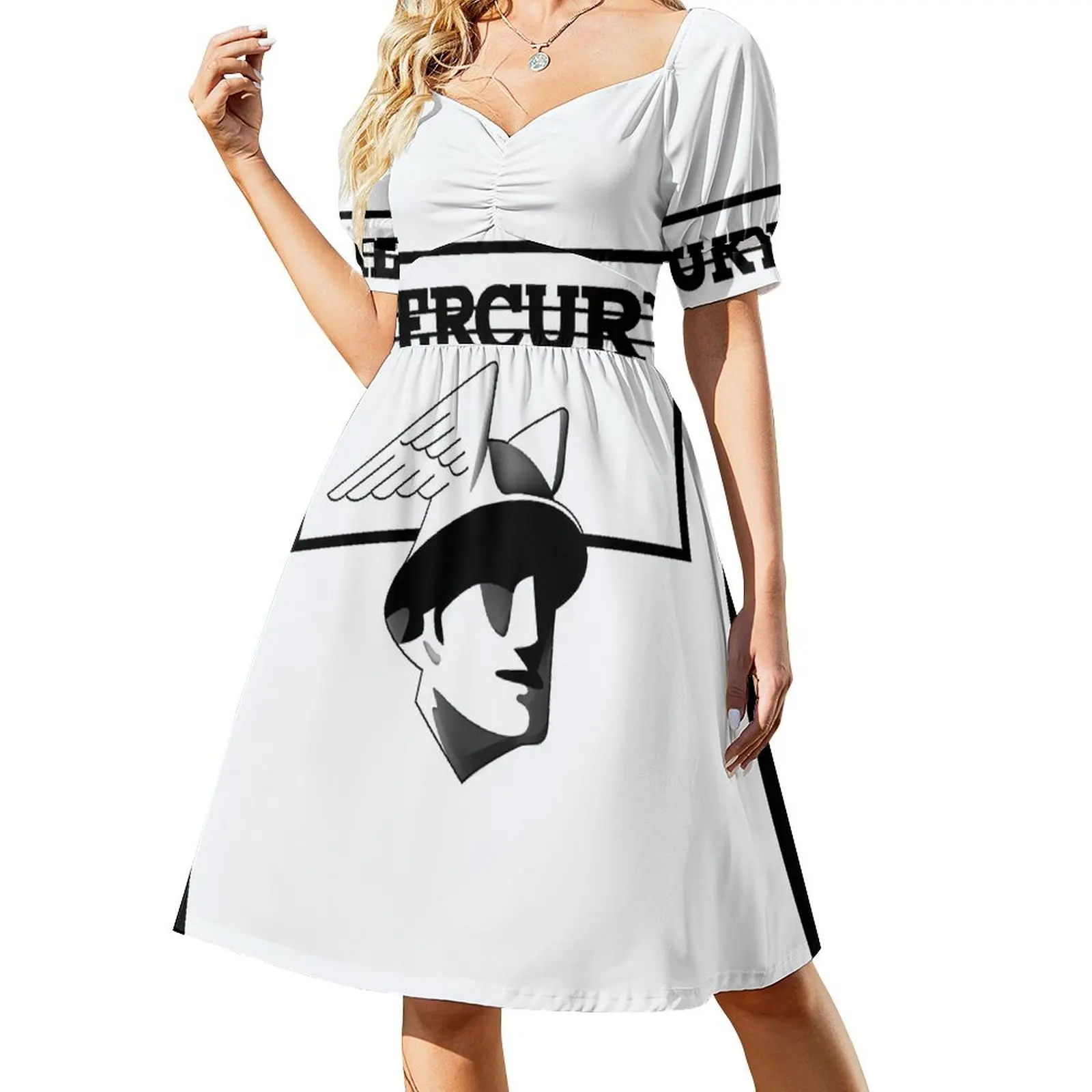 thumbnail image 1 of Vestido elegante de manga corta con estampado negro clásico y emblema de Mercury Flathead V8 para invitada de boda, traje de verano para mujer., 1 of 8