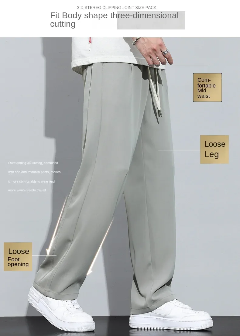 Description Picture 4 of itemSummer Straight Pants Men's Loose Thin Ice Silk Pants Wide Leg Sports Trousers Slim Fit Stretch Gray Casual Pants Streetwear